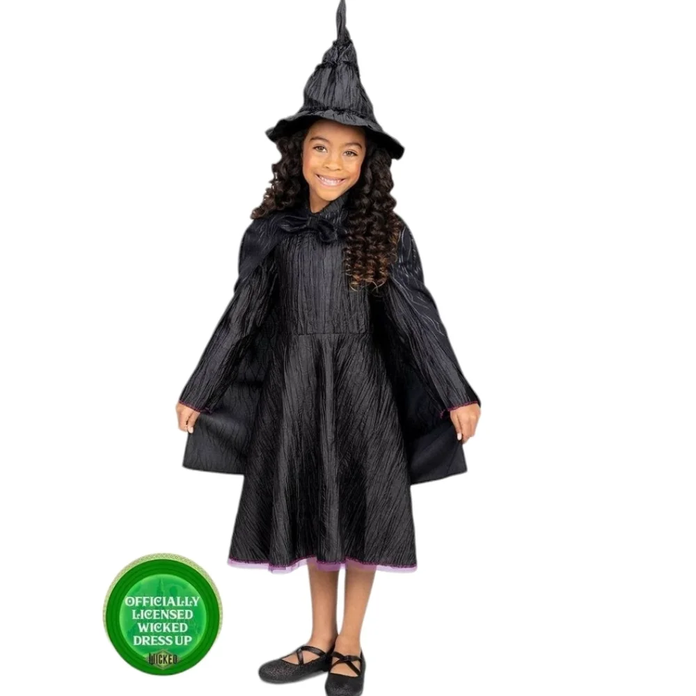 NEW Wicked Deluxe Elphaba Dress Up Set 4-6X Black Witch Costume Dress Cape Hat